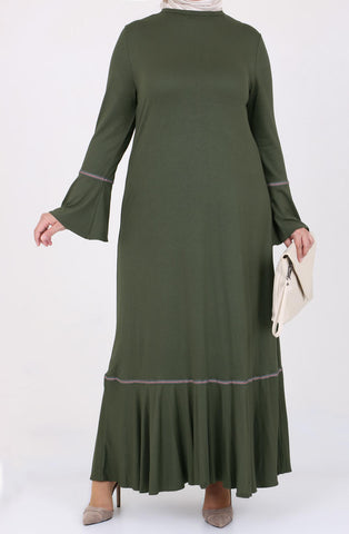 Women's Oversize Ruffle Khaki Combed Cotton Dress