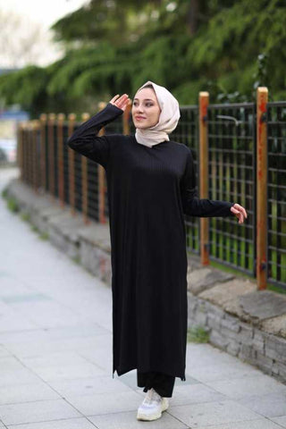 Women's Slit Black Tunic Pants Set