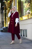 Women's White Blouse Claret Red Jacket Pants Set