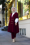 Women's White Blouse Claret Red Jacket Pants Set