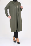 Women's Oversize Eyelet Detail Khaki Combed Cotton Tunic Cardigan Set