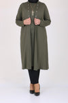 Women's Oversize Eyelet Detail Khaki Combed Cotton Tunic Cardigan Set