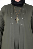 Women's Oversize Eyelet Detail Khaki Combed Cotton Tunic Cardigan Set