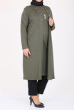 Women's Oversize Eyelet Detail Khaki Combed Cotton Tunic Cardigan Set