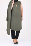 Women's Oversize Eyelet Detail Khaki Combed Cotton Tunic Cardigan Set