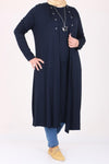 Women's Oversize Eyelet Detail Navy Blue Combed Cotton Tunic Cardigan Set