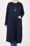 Women's Oversize Eyelet Detail Navy Blue Combed Cotton Tunic Cardigan Set