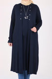 Women's Oversize Eyelet Detail Navy Blue Combed Cotton Tunic Cardigan Set