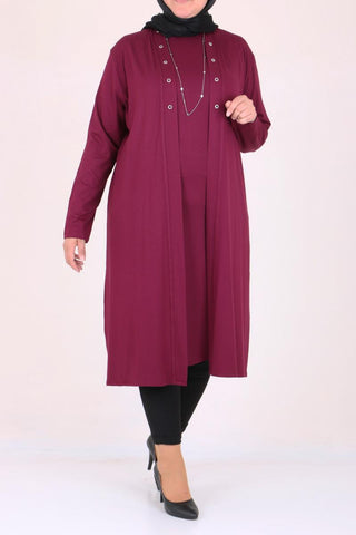 Women's Oversize Eyelet Detail Maroon Combed Cotton Tunic Cardigan Set