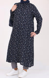 Women's Oversize Camo Pattern Long Navy Blue Viscose Tunic