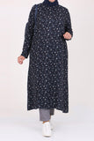 Women's Oversize Camo Pattern Long Navy Blue Viscose Tunic