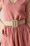 Women's Square Buckle Camel Straw Belt